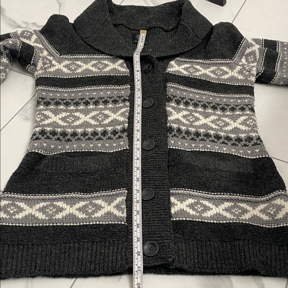 Fair Isle Charcoal & Lt Grey Cardigan Shawl Collar Button Front Pockets Sz M - Picture 10 of 13